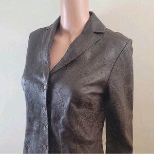 Vintage Worth Brown Leather Blazer Womens 10 Embroidered/laser Etched Floral Y2K